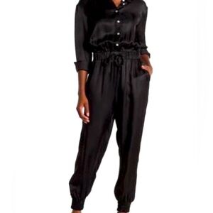 Cinq à Sept Black Satin Button-Front Jogger Jumpsuit Small